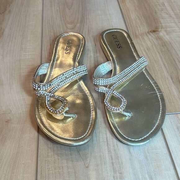 Guess Women's Gold - Rhinestone - Beaded Flat Sandals Size 8/12 - Picture 2 of 11